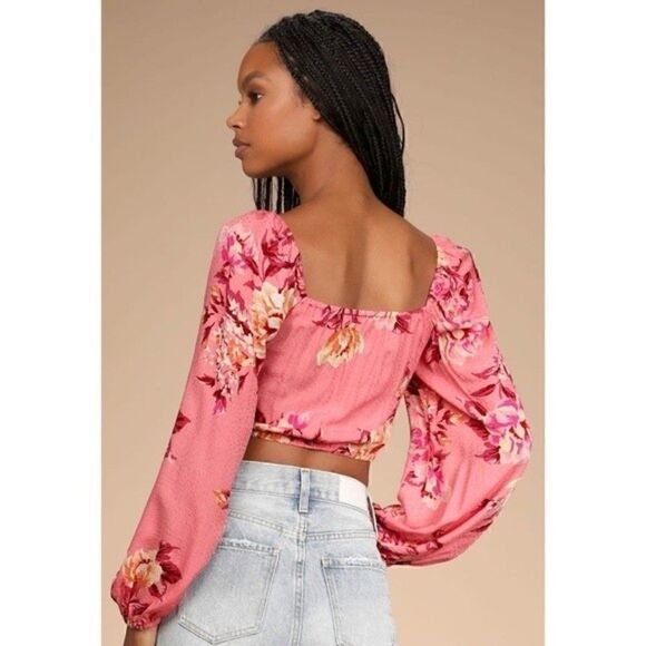 NWT Lulus Cheerful Disposition Pink Floral Print Lace-Up Crop Top Size Small - Picture 3 of 11